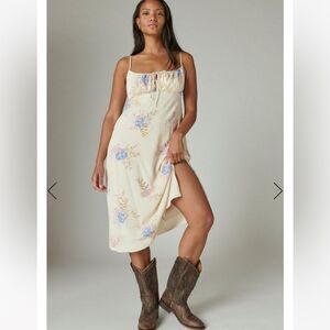 Lucky Brand Floral Printed Slip Dress Midi Cream Blue Size Small